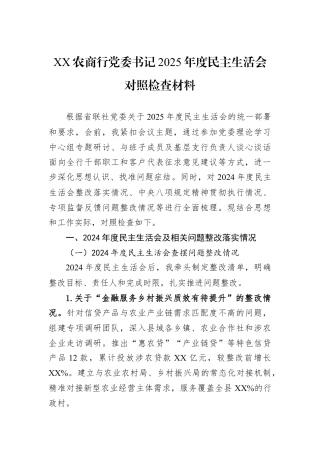 XX农商行党委书记2025年度民主生活会对照检查材料.docx