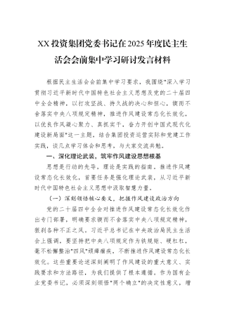 XX投资集团党委书记在2025年度民主生活会会前集中学习研讨发言材料.docx