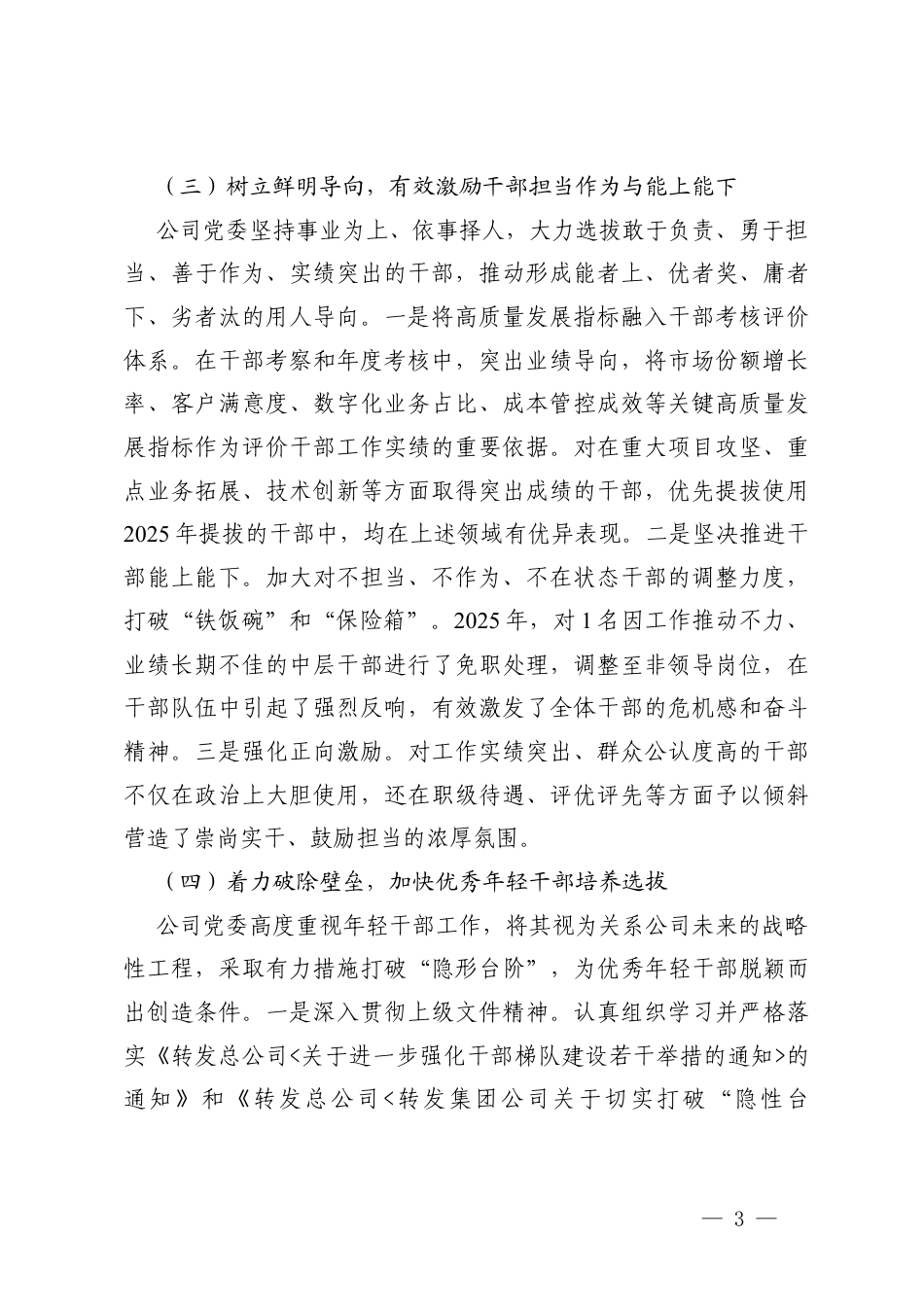 公司党委2025年度干部选拔任用工作情况报告+国有企业“一报告两评议”干部选拔任用工作结果分析及改进措施报告.docx_第3页