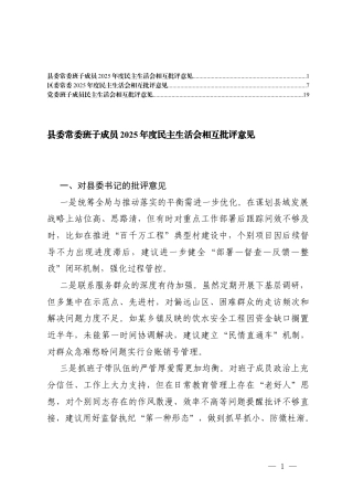 班子成员2025年度民主生活会相互批评意见+班子成员民主生活会相互批评意见.docx