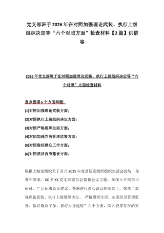 党支部班子2026年在对照加强理论武装、执行上级组织决定等“六个对照方面”检查材料【2篇】供借鉴.docx