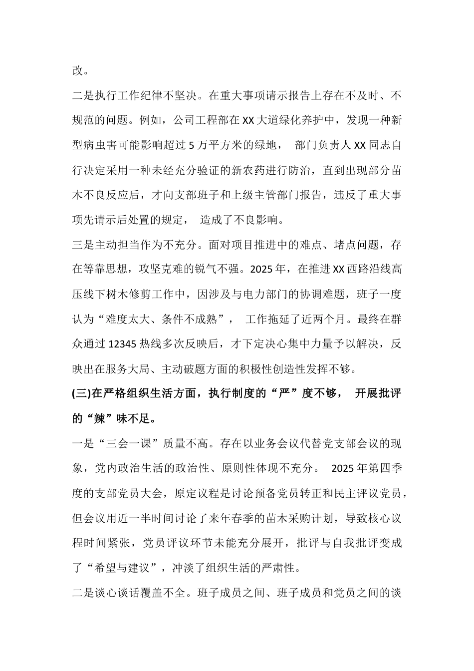 公司党支部班子2026年在做好群众工作、执行上级组织决定、严格组织生活等“六个对照方面”检查材料【2篇】供借鉴.docx_第3页
