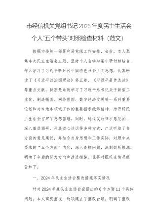 经信机关党组书记2025年度民主生活会个人“五个带头”对照检查材料（范文）.docx