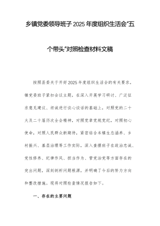 乡镇党委领导班子2025年度组织生活会“五个带头”对照检查材料文稿.docx