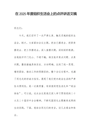 在2025年度组织生活会上的点评讲话文稿.docx