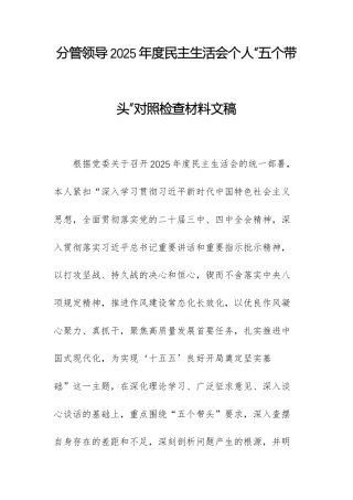 分管领导2025年度民主生活会个人“五个带头”对照检查材料文稿.docx