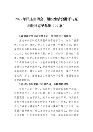 2025年民主生活会、组织生活会批评与互相批评意见集锦（79条）.docx