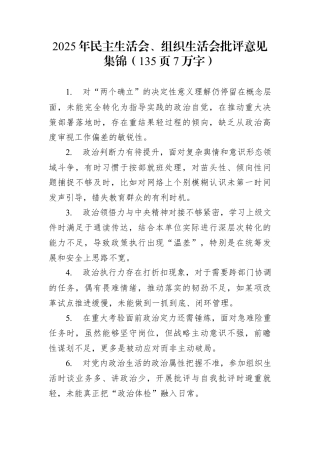 2025年民主生活会、组织生活会批评意见集锦（135页7万字）.docx