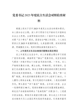 党委书记2025年度民主生活会对照检查材料.docx