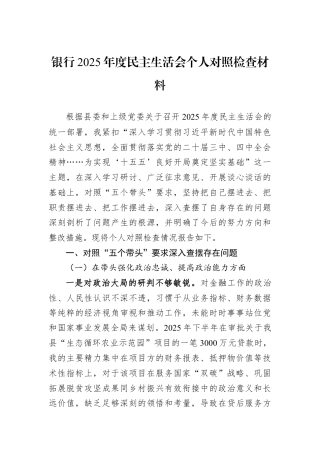 银行2025年度民主生活会个人对照检查材料.docx