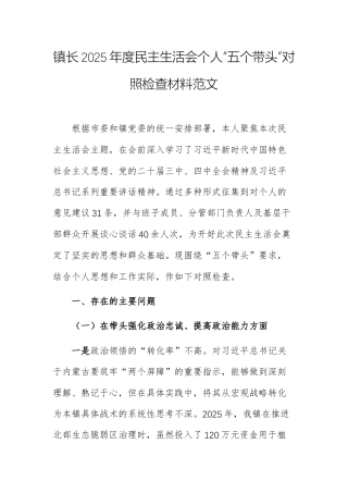 镇长2025年度民主生活会个人“五个带头”对照检查材料范文供参考.docx
