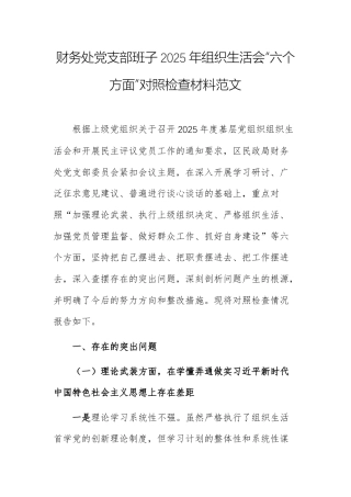 财务部门党支部班子2025年组织生活会“六个方面”对照检查材料范文.docx