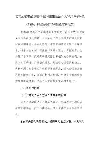 公司纪委书记2025年度民主生活会个人“六个带头+整改情况+典型案例”对照检查材料范文.docx