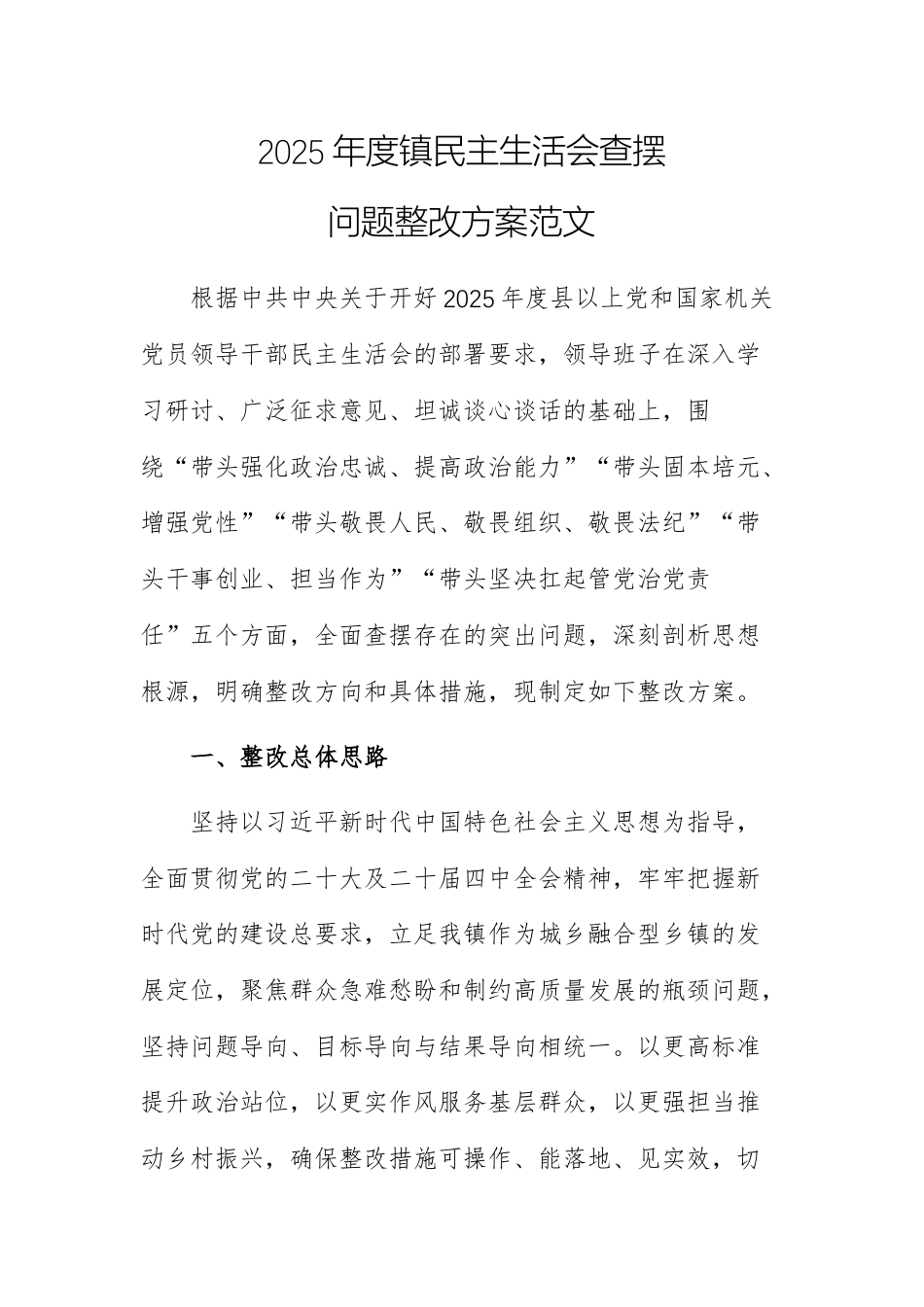 2025年度镇民主生活会查摆问题整改方案范文.docx_第1页