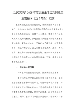 组织部部长2025年度民主生活会对照检查发言提纲（五个带头）范文.docx
