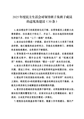 2025年度民主生活会对领导班子及班子成员的意见及建议（30条）.docx