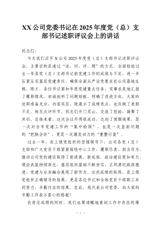 XX公司党委书记在2025年度党（总）支部书记述职评议会上的讲话.docx
