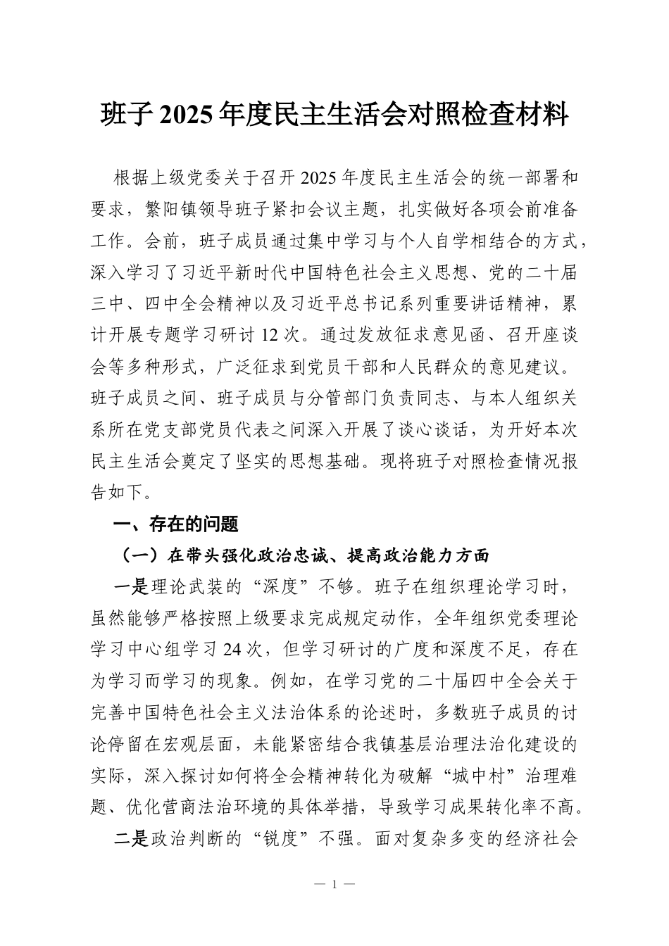 班子2025年度民主生活会对照检查材料.docx_第1页