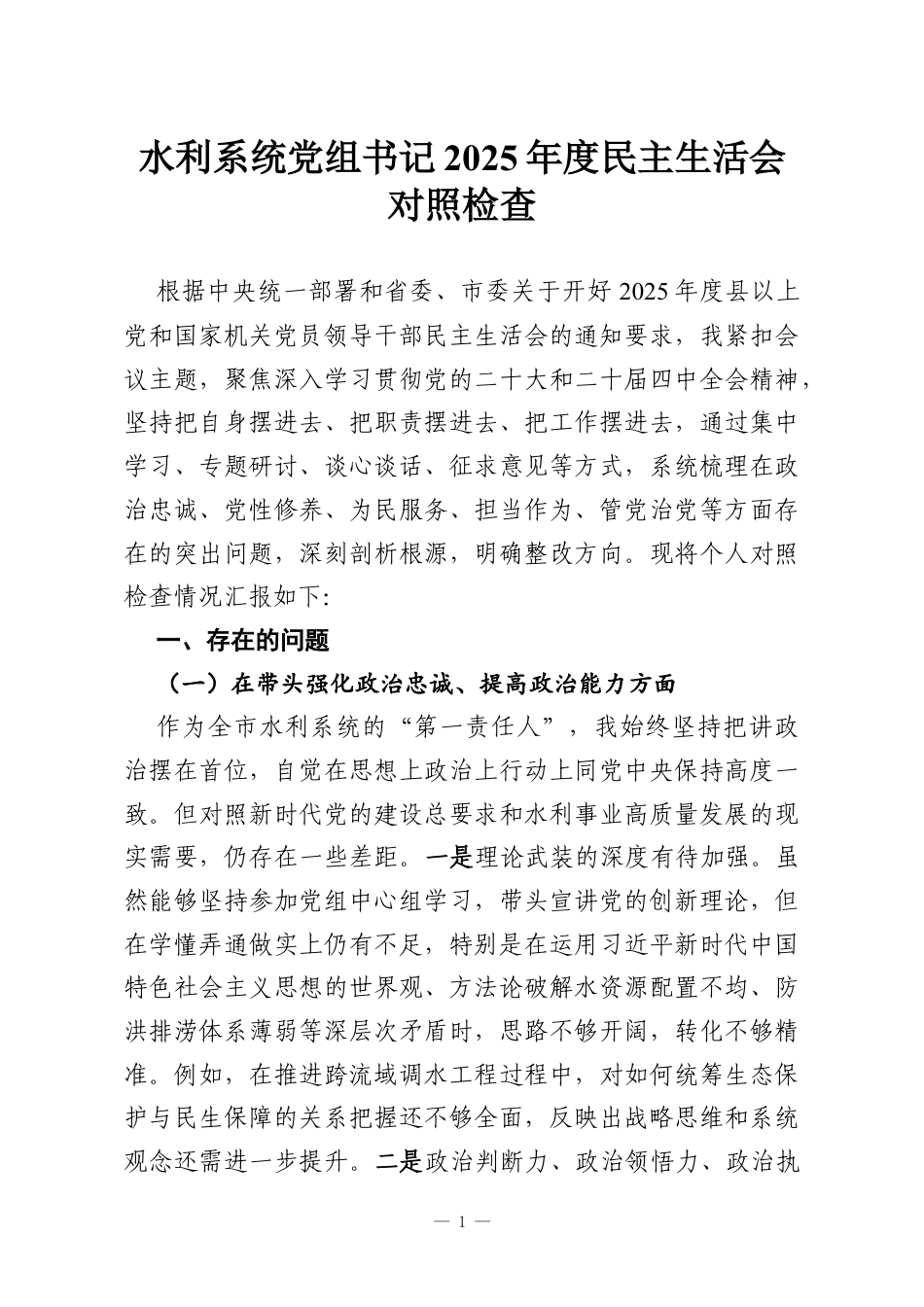 水利系统党组书记2025年度民主生活会对照检查.docx_第1页