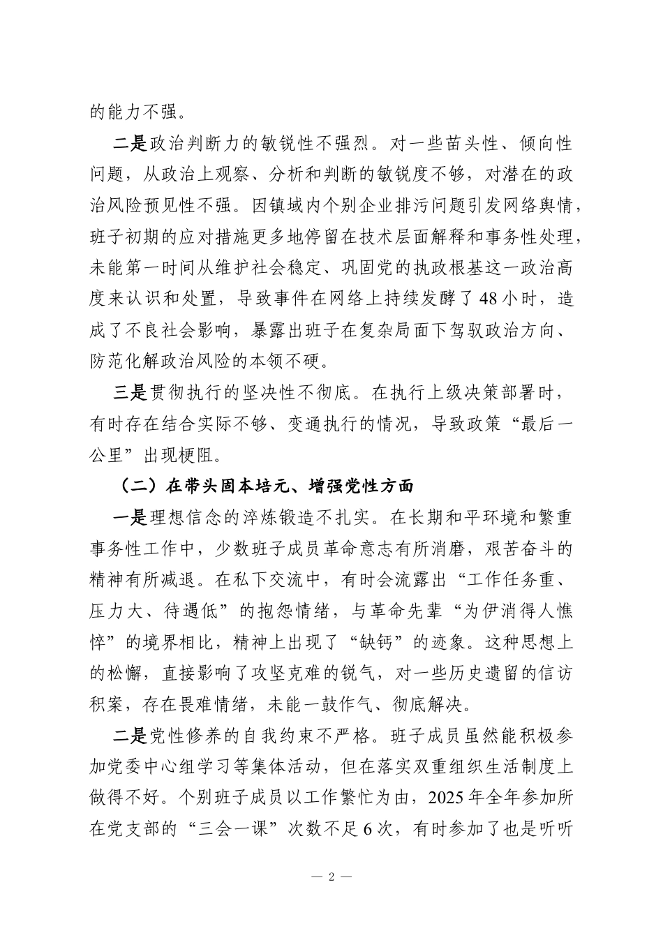镇党委2025年度民主生活会领导班子对照检查材料（带案例）.docx_第2页
