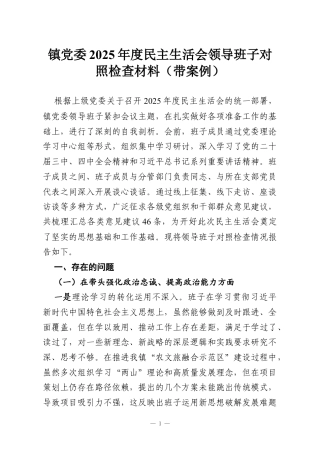 镇党委2025年度民主生活会领导班子对照检查材料（带案例）.docx