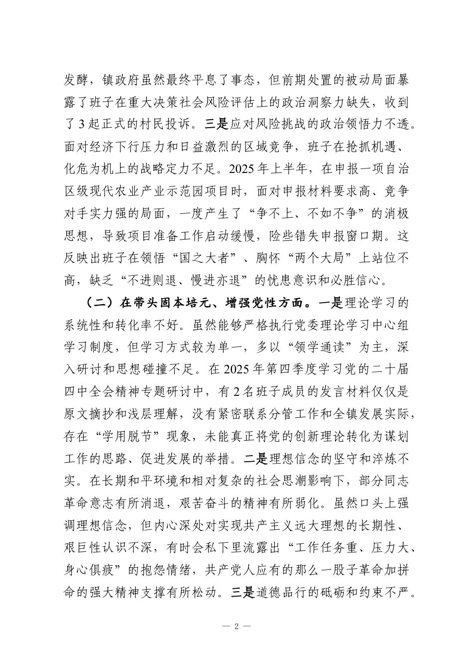镇党委领导班子2025年度民主生活会对照剖析材料（带案例）.docx_第2页