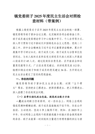 镇党委班子2025年度民主生活会对照检查材料（带案例）.docx