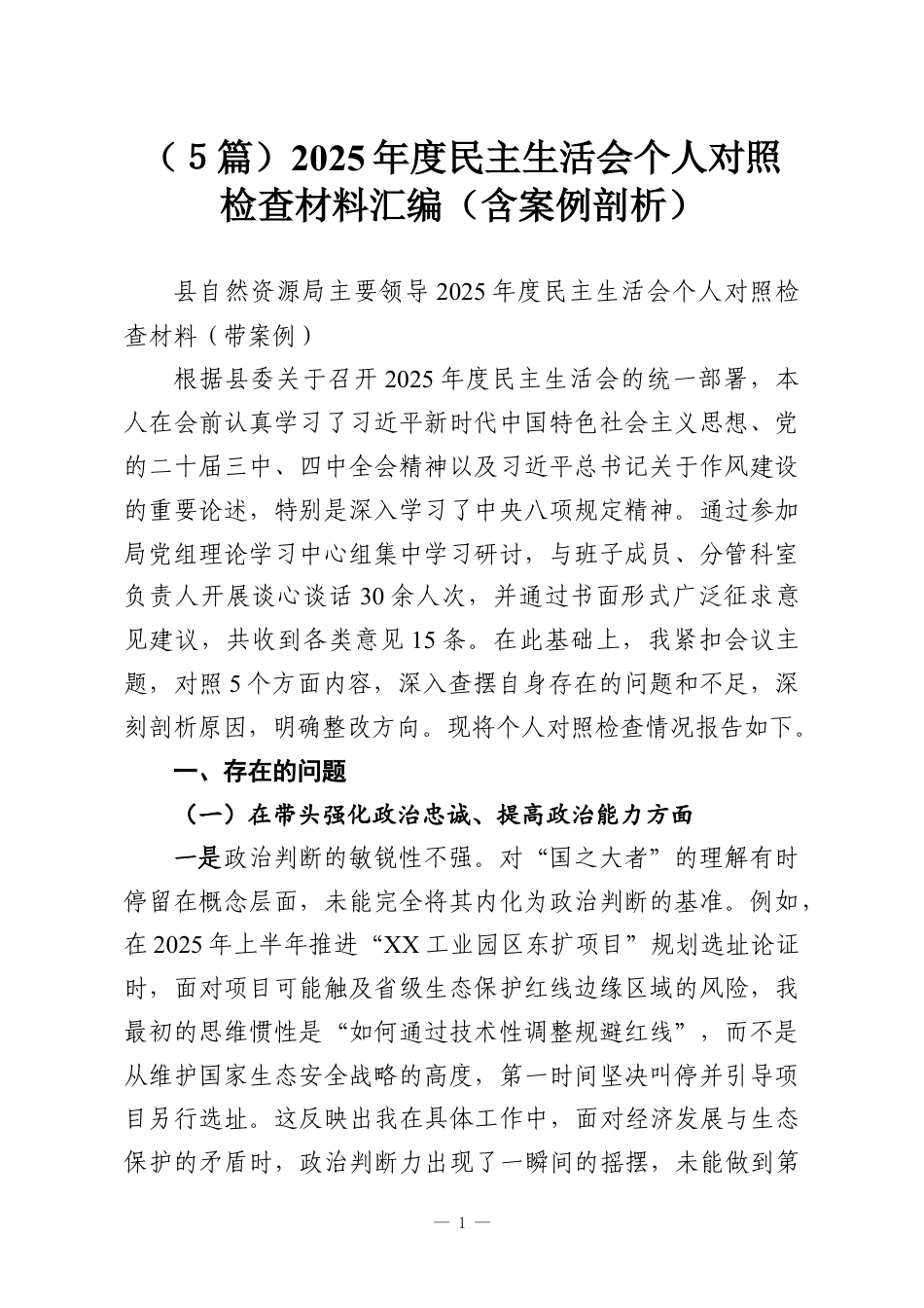 （５篇）2025年度民主生活会个人对照检查材料汇编（含案例剖析）.docx_第1页