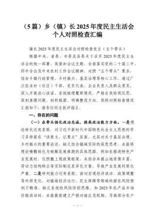 （5篇）乡（镇）长2025年度民主生活会个人对照检查汇编.docx