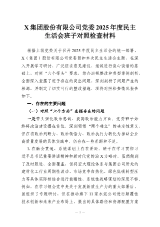 X集团股份有限公司党委2025年度民主生活会班子对照检查材料.docx