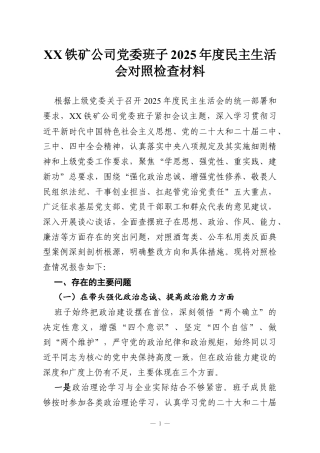 XX铁矿公司党委班子2025年度民主生活会对照检查材料.docx