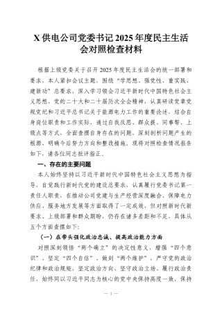 X供电公司党委书记2025年度民主生活会对照检查材料.docx