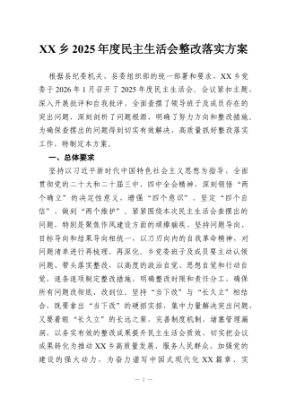 XX乡2025年度民主生活会整改落实方案.docx
