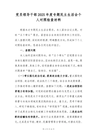 党员领导干部2025年度专题民主生活会个人对照检查材料.doc