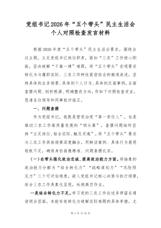 党组书记2026年“五个带头”民主生活会个人对照检查发言材料.doc
