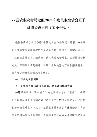 2025年度民主生活会班子对照检查材料（五个带头）三篇.docx