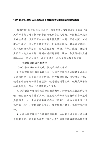 2025年度组织生活会领导班子对照检查问题清单与整改措施.docx
