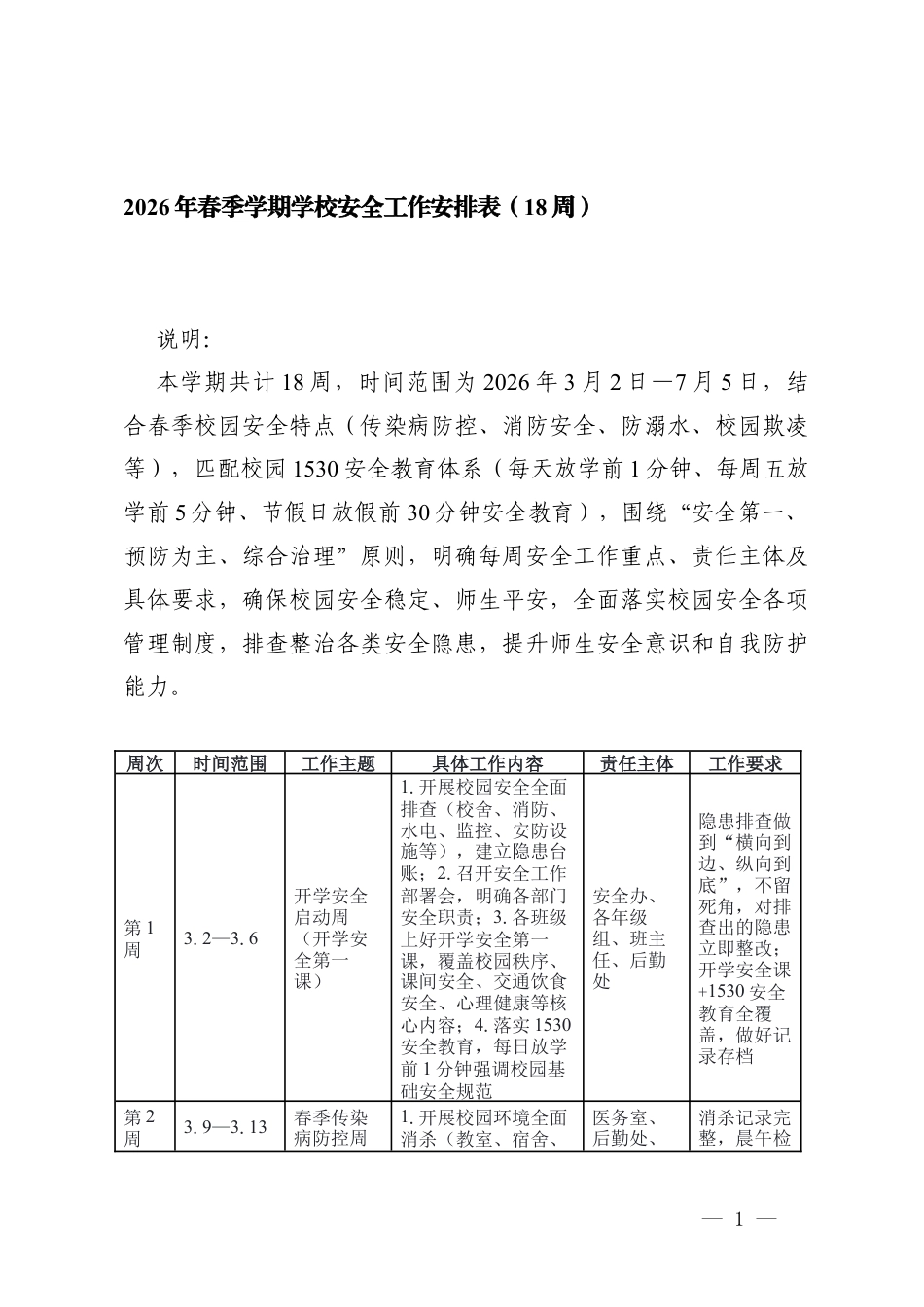 2026年春季学期中小学校安全工作安排表（3月2日—7月5日 ）.docx_第1页
