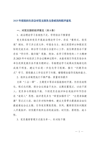 2篇 2025年度组织生活会对党支部及支委成员的批评意见.docx