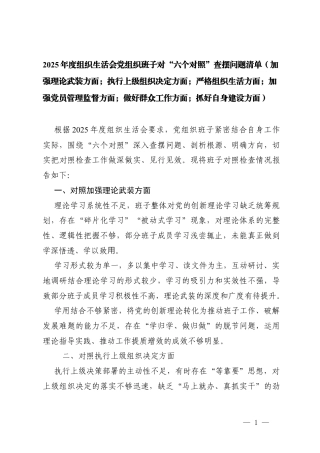 2025年度组织生活会党组织班子对“六个对照”查摆问题清单（加强理论武装方面；执行上级组织决定方面；严格组织生活方面；加强党员管理监督方面；做好群众工作方面；抓好自身建设方面）.docx