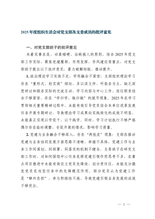 3篇2025年度组织生活会对党支部及支委成员的批评意见.docx