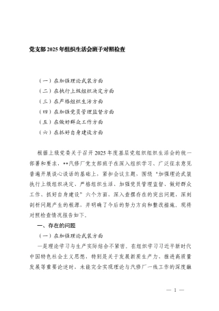 （在加强理论武装；在执行上级组织决定；在严格组织生活；在加强党员管理监督；在做好群众工作；在抓好自身建设六个方面）村党支部2025年度组织生活会班子对照检查材料.docx