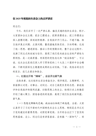 在2025年度组织生活会上的点评讲话、在XXX党支部2025年度组织生活会上的点评意见.docx