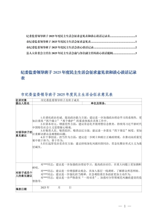 纪委监委领导班子2025年度民主生活会征求意见表和谈心谈话记录表+民主生活会前与各位副主任的谈心谈话提纲.docx