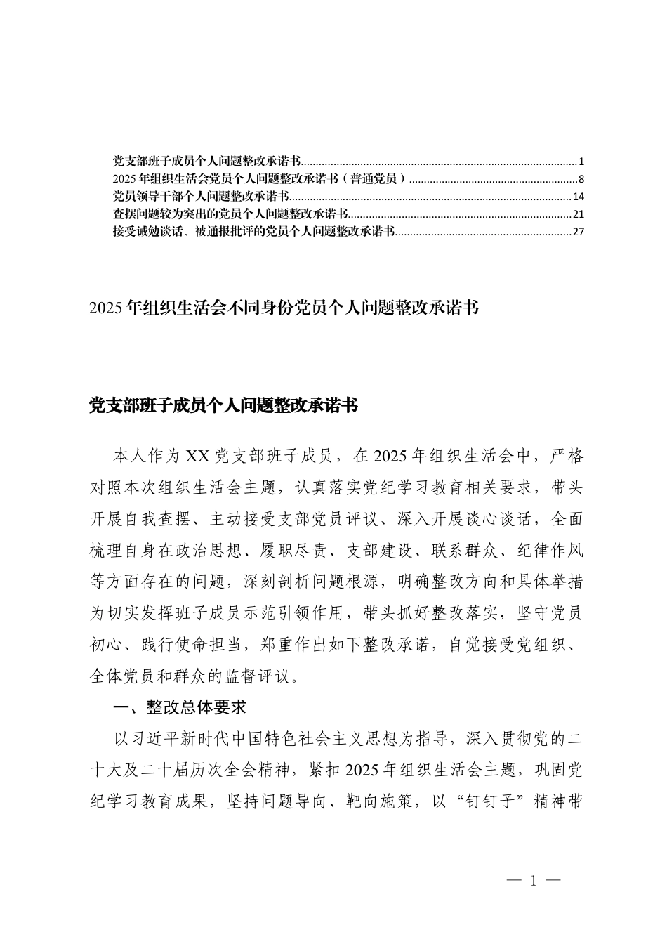 2025年组织生活会党员个人问题整改承诺书（党支部班子成员、党员领导干部、查摆问题较为突出的党员、接受诫勉谈话、被通报批评的党员）.docx_第1页