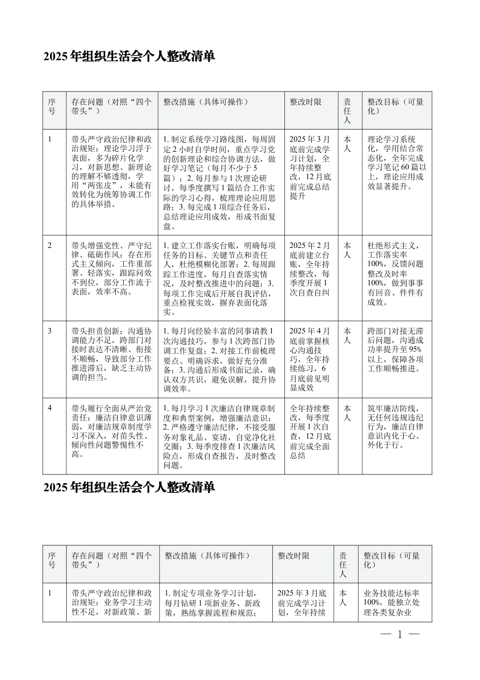 2025年组织生活会个人整改清单（3份）.docx_第1页
