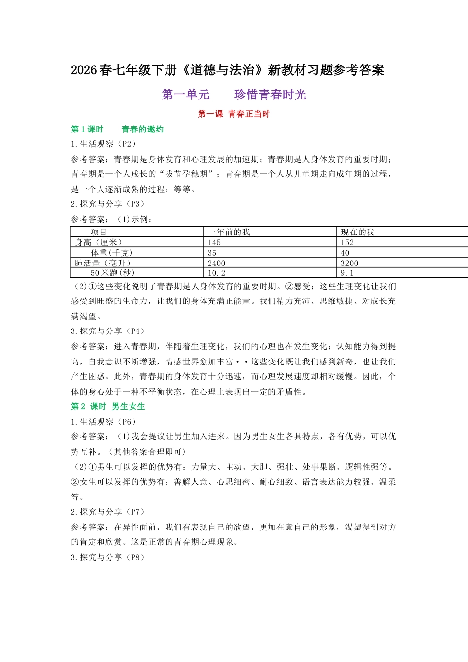 2026春七年级下册《道德与法治》新教材习题参考答案.docx_第1页