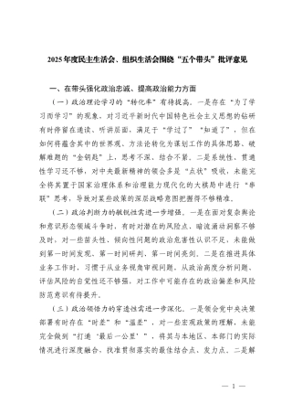 （在带头强化政治忠诚、提高政治能力方面、在带头固本培元、增强党性方面）2025年度民主生活会、组织生活会围绕“五个带头”批评意见清单.docx
