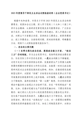 2025年度领导干部民主生活会对照检查材料（企业党委书记）.docx