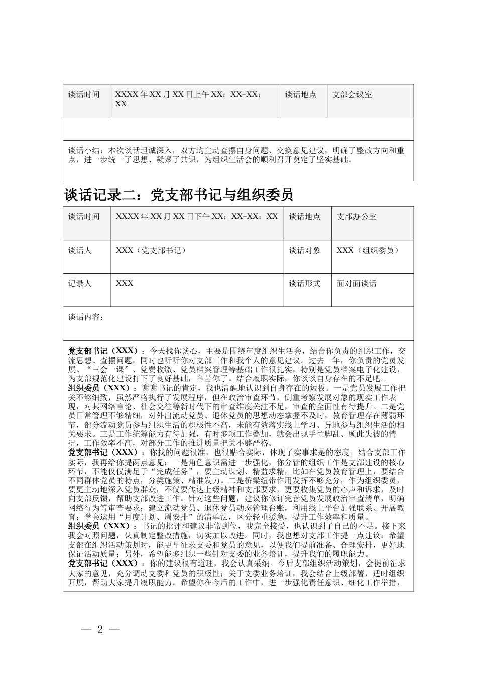 党支部书记与支部委员年度组织生活会前谈心谈话记录（党支部书记与支部副书记、与组织委员、与宣传委员、与纪检委员）.docx_第2页